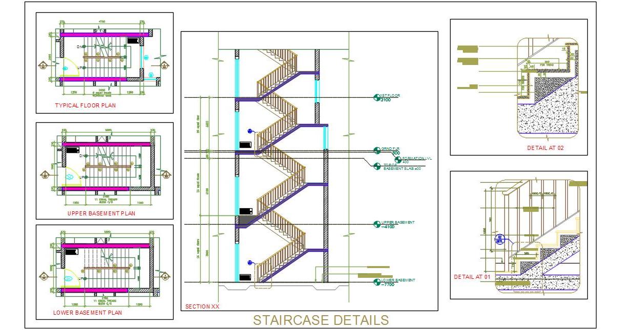 Architectural Staircase DWG- Floor Plans, Sections & Handrail Details